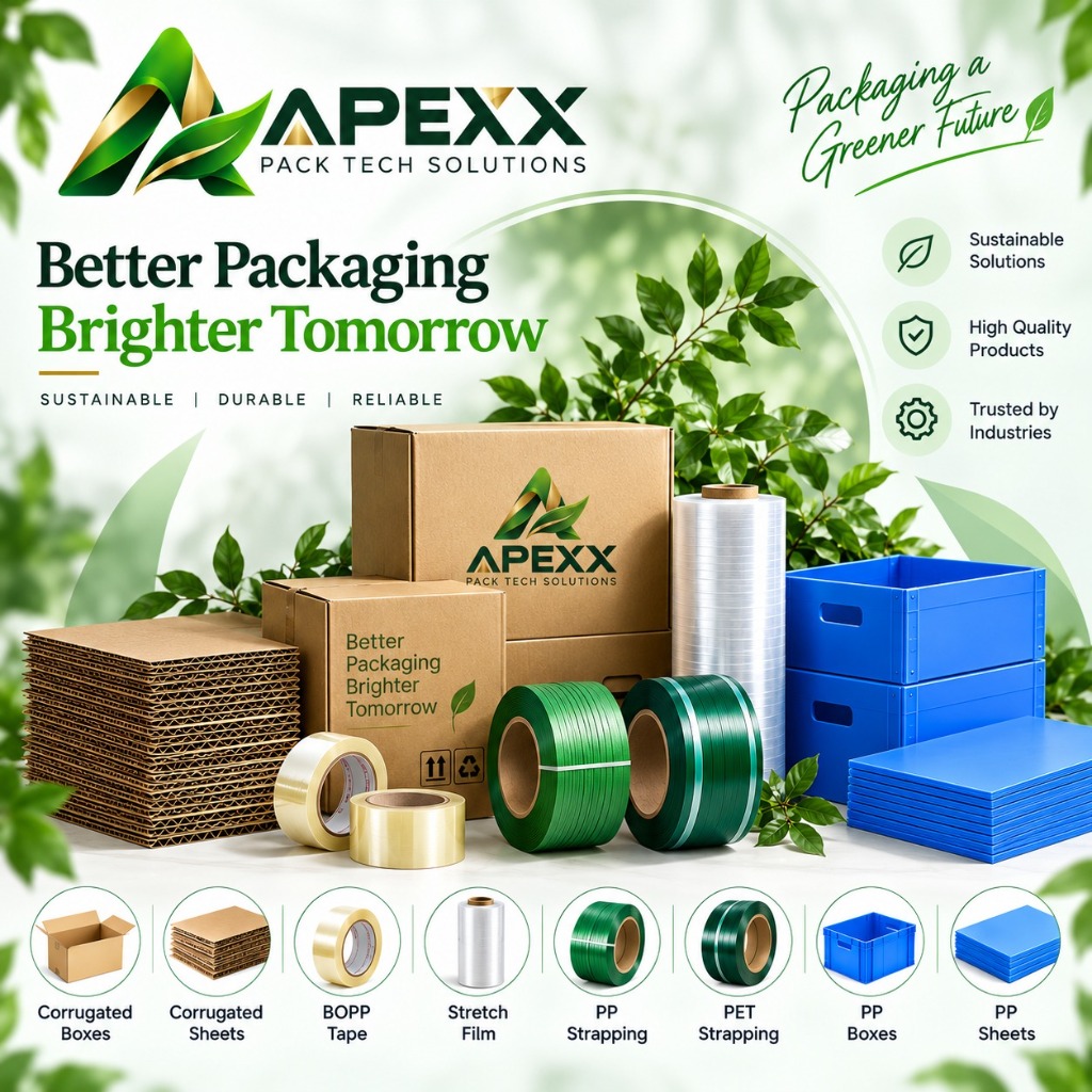 Apexx complete packaging product range showcase including boxes, sheets, tape, film, and strapping